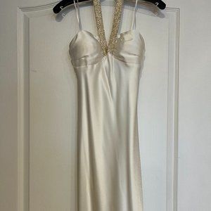 Greek Goddess Vegan Silk Prom/Wedding Dress -White with Gold Beaded Halter